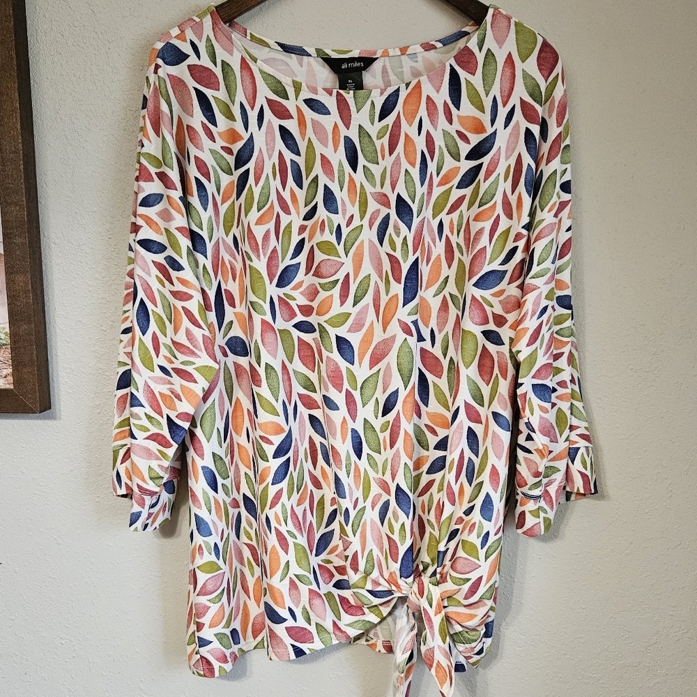 Ali Miles Multicolor Leaf-Print Tie-Front Tunic